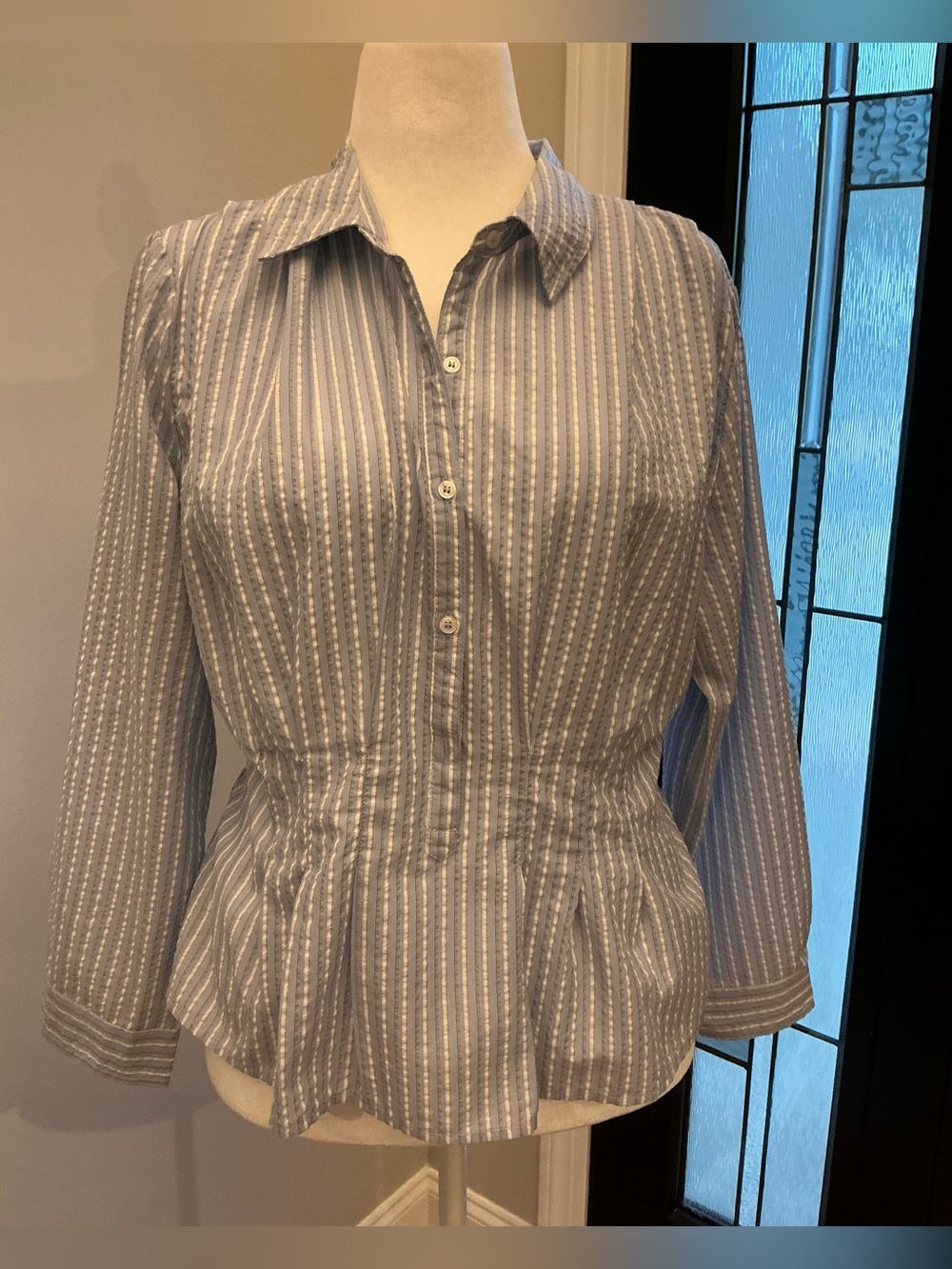 Max Studio Light Blue & White Striped Button-Front Peplum Blouse